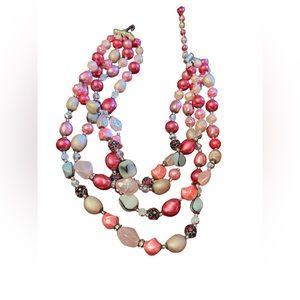 Vintage 1950s 4 strand glass crystal  and faux pink pearl necklace heavy